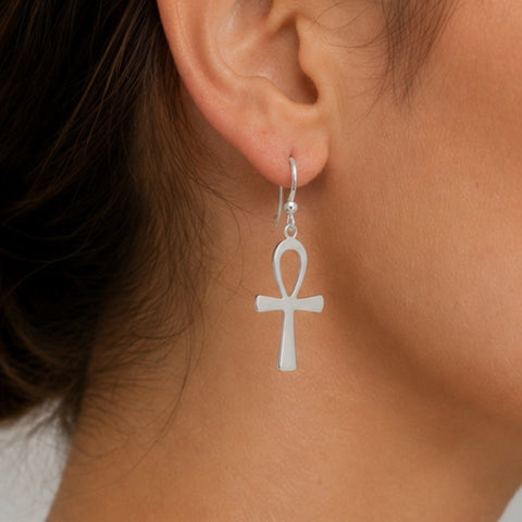 Sterling Silver Egyptian Ankh Drop Earrings
