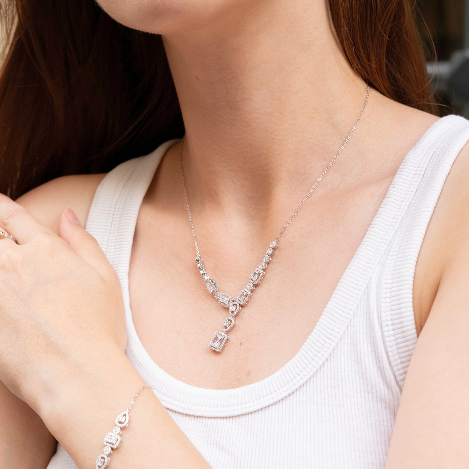 Elegant Y Sterling Silver Necklace with Emerald-Cut & Teardrop Gemstones