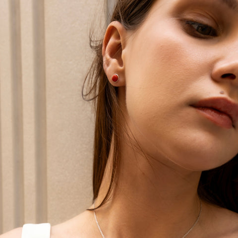 Red Coral Dome Sterling Silver Stud Earrings