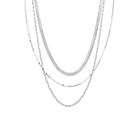Herringbone Semi Twisted and Paperclip Chain Sterling Silver Layering Necklace Set