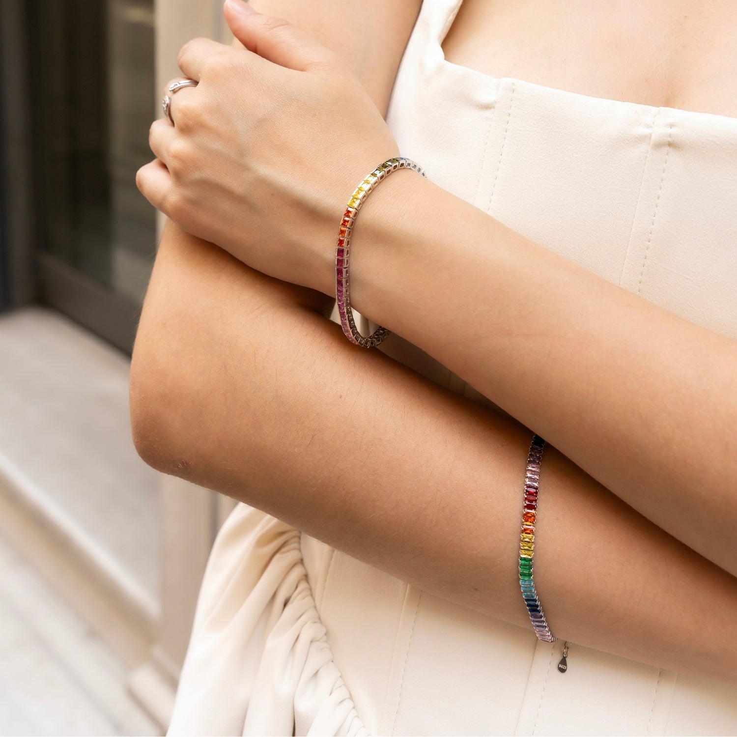 Sterling Silver Square Rectangular Rainbow Tennis Bracelet