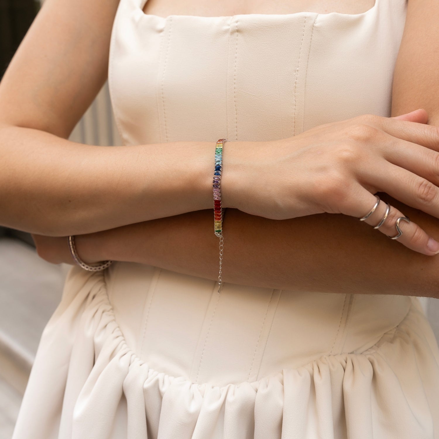 Sterling Silver Rainbow Baguette Tennis Bracelet