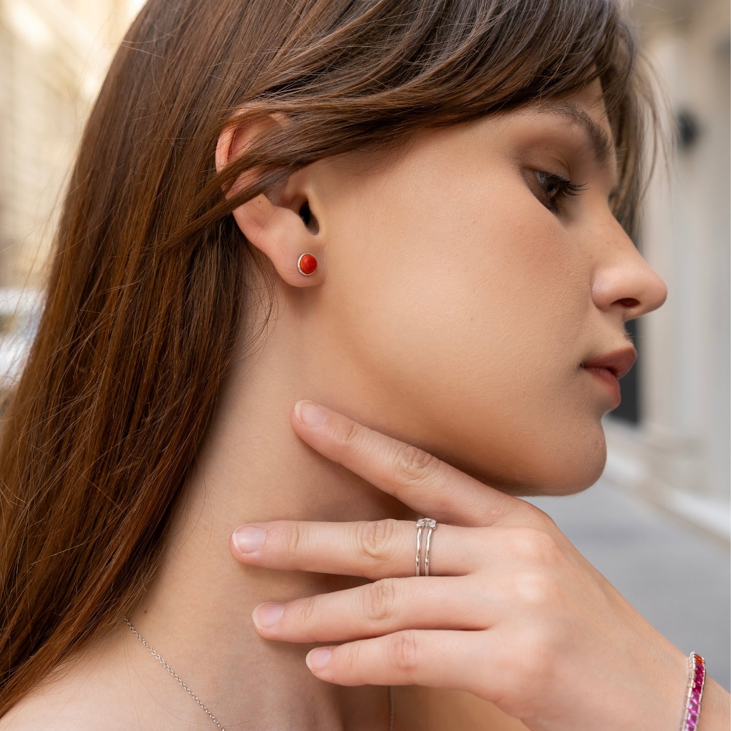 Red Coral Dome Sterling Silver Stud Earrings