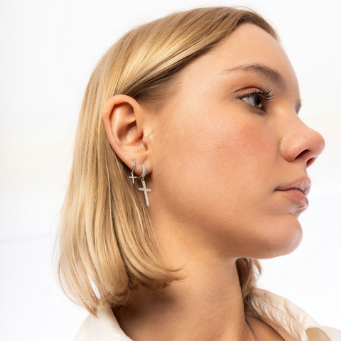 Full Pave Cross Drop Hoop Earring