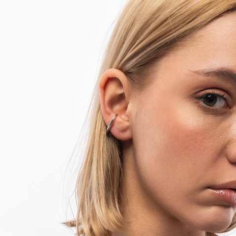 Fine Diamond Sterling Silver Ear Suspension Semi-Hoop Earrings