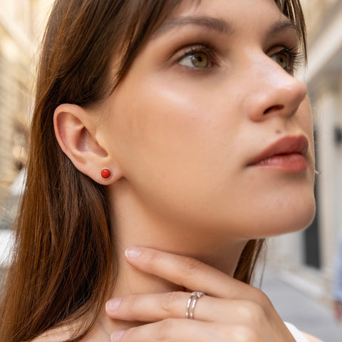 Red Coral Dome Sterling Silver Stud Earrings