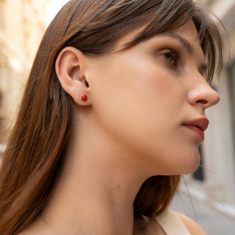 Red Coral Dome Sterling Silver Stud Earrings