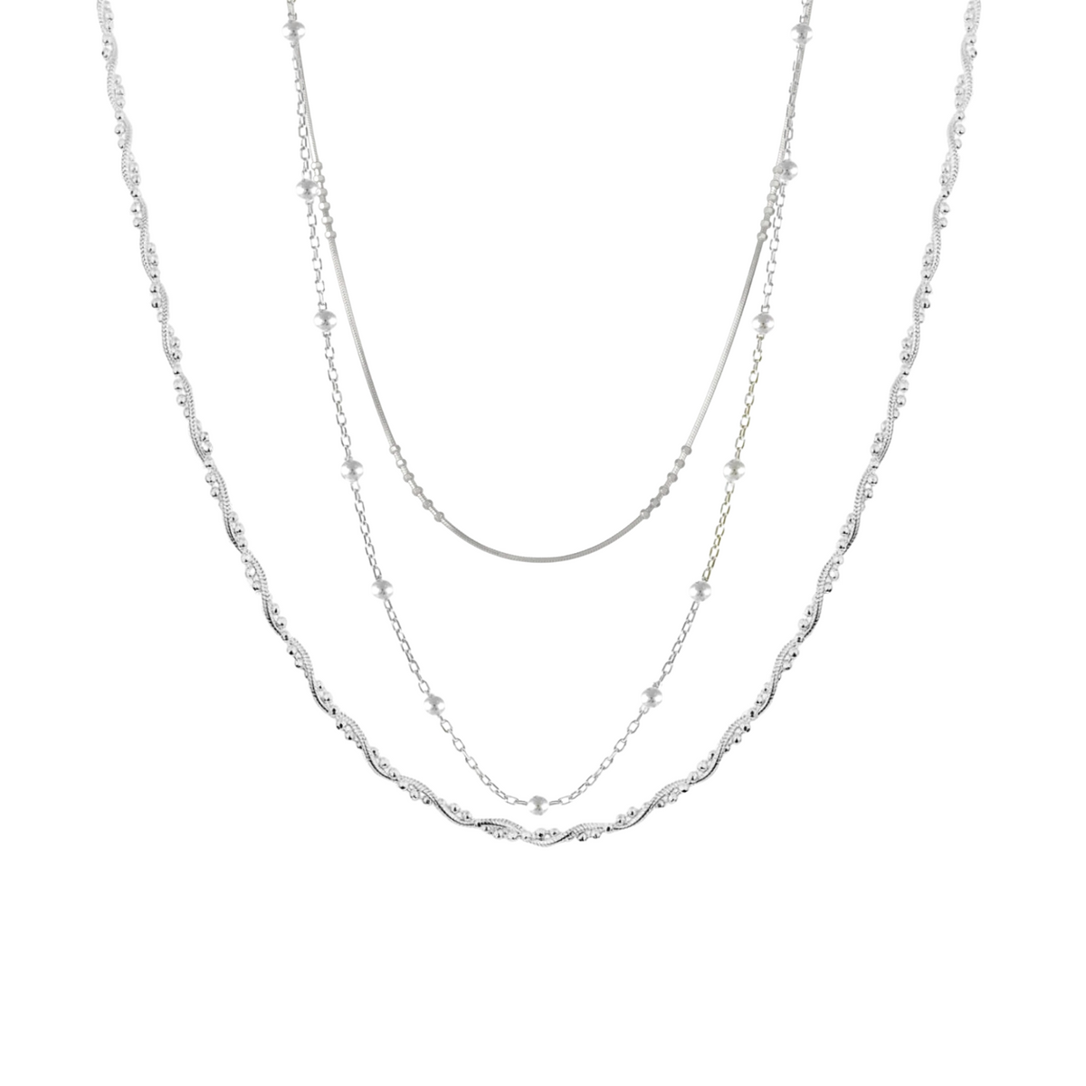 Twisted and Beaded Chains Sterling Silver Layering Necklace Set