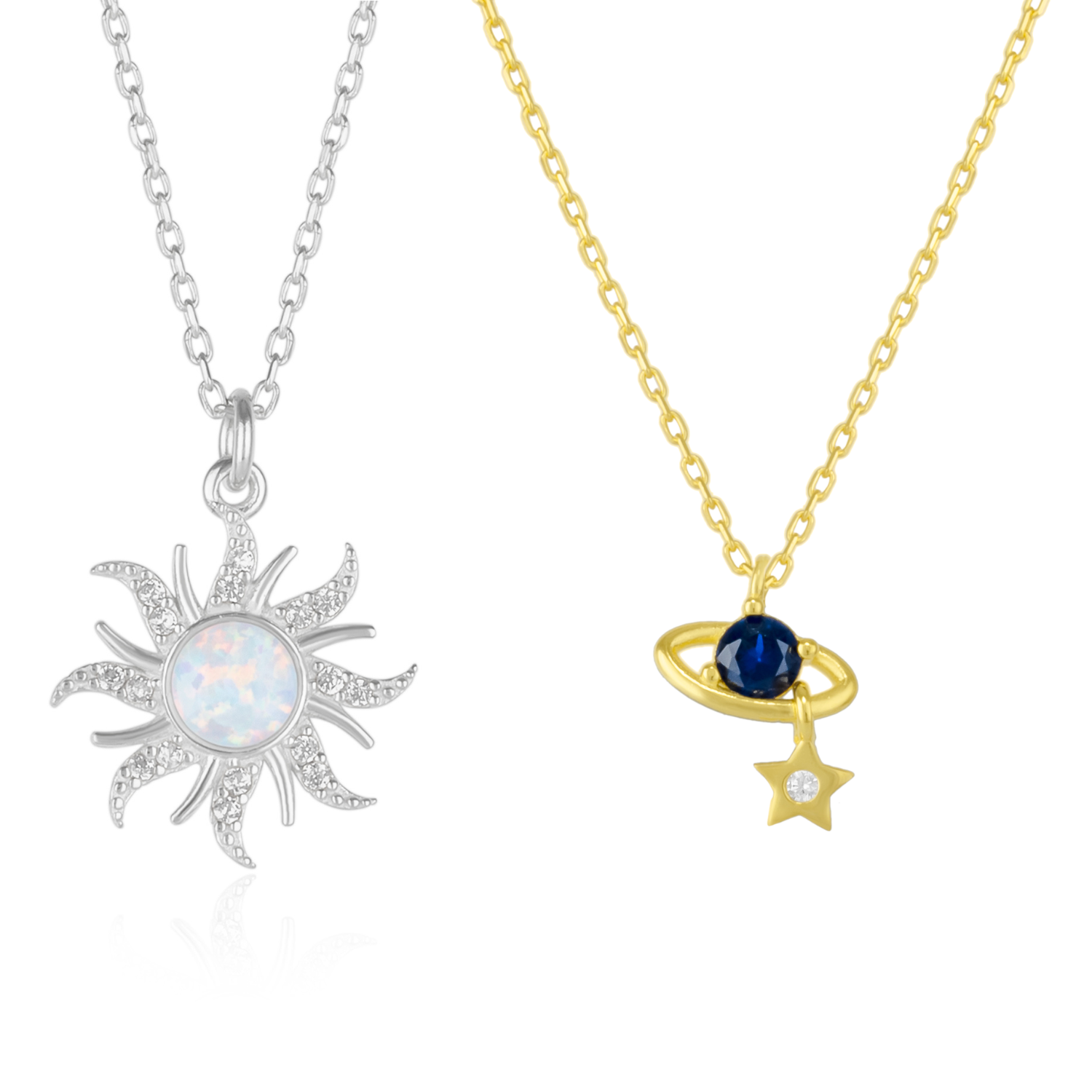 White Opal Sun & Sunburst and Saturn Necklace Layering Set in Sterling Silver