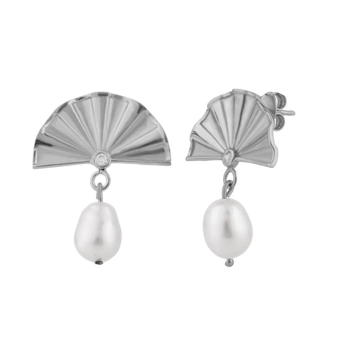 Fine Diamond Sterling Silver Pearl Drop Fan Earrings
