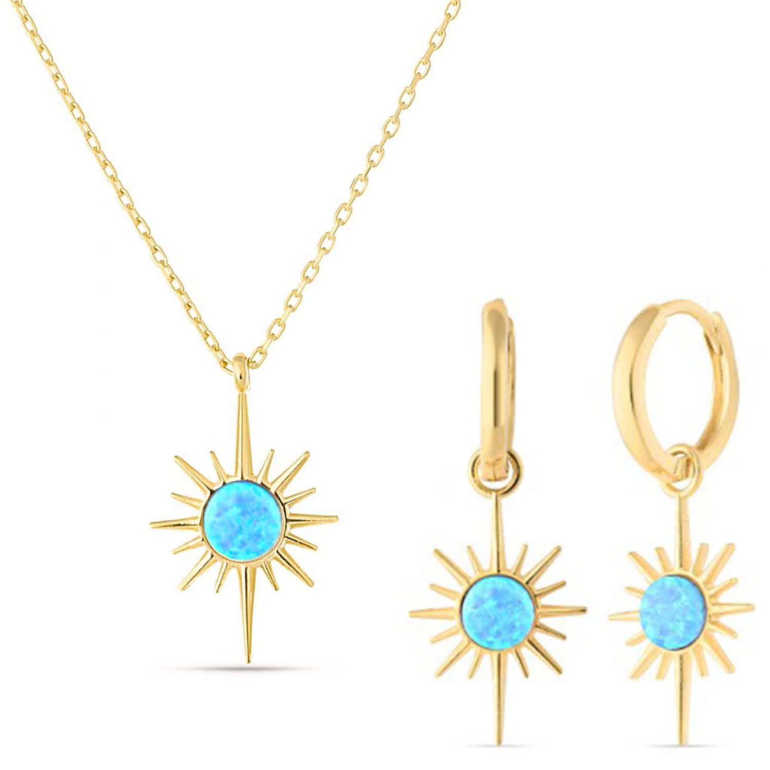 Blue Opal Northernstar Drop Hoop Earrings & Necklace Set in Sterling Silver