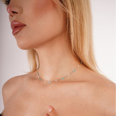 Turquoise Beaded & Pearl Sterling Silver Necklace