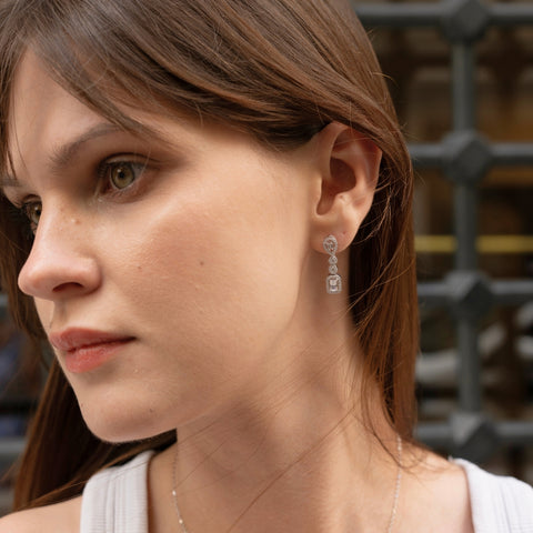 Elegant Sterling Silver Earring with Emerald-Cut & Teardrop Gemstones