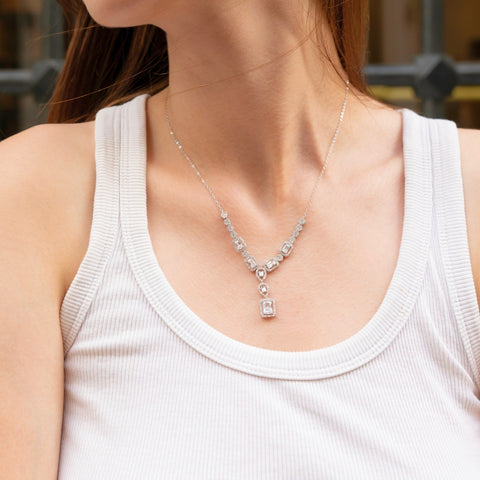 Elegant Y Sterling Silver Necklace with Emerald-Cut & Teardrop Gemstones