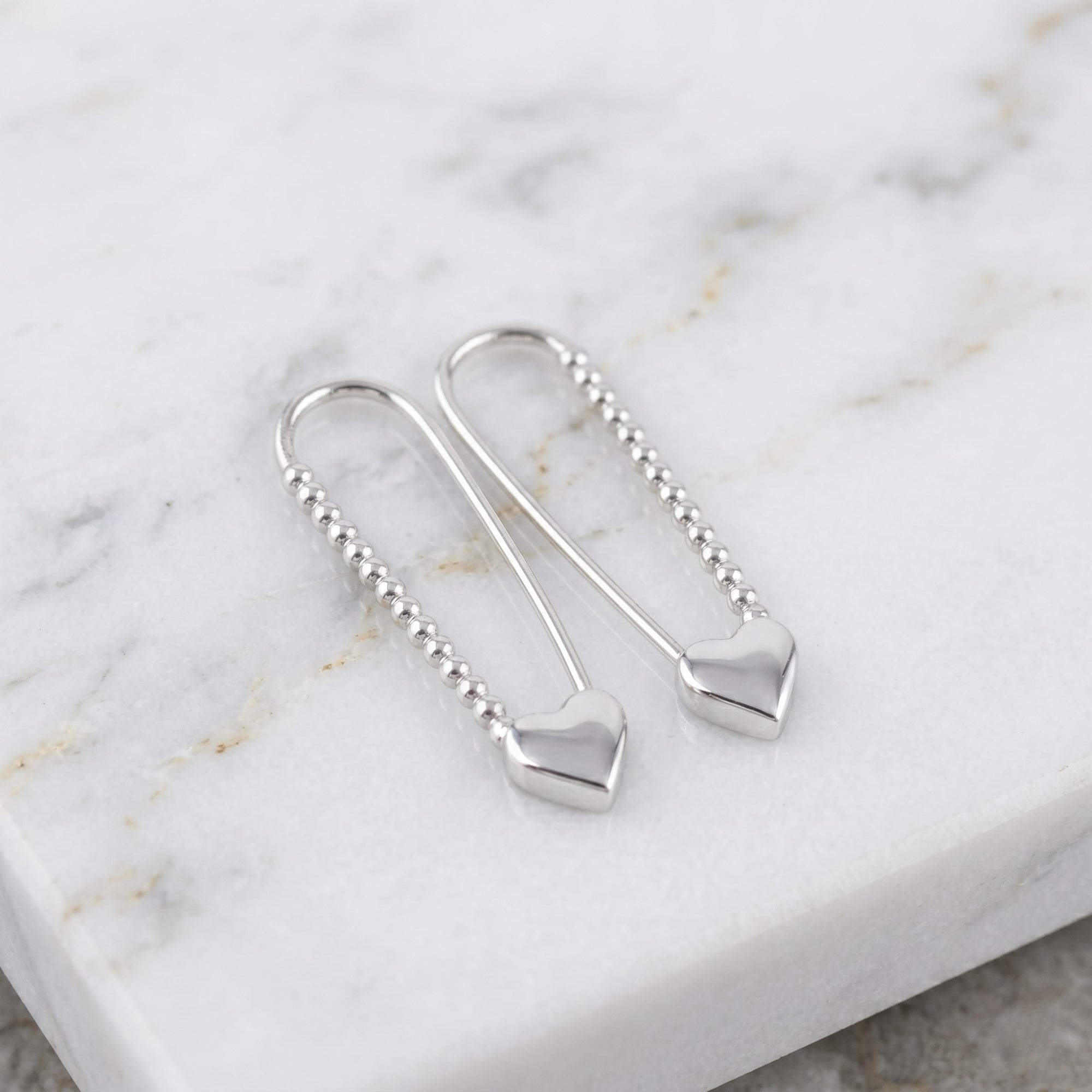 Heart Beaded Safety Pin Sterling Silver Earrings