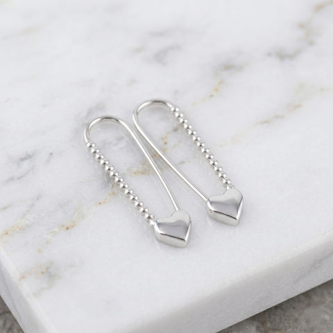 Heart Beaded Safety Pin Sterling Silver Earrings