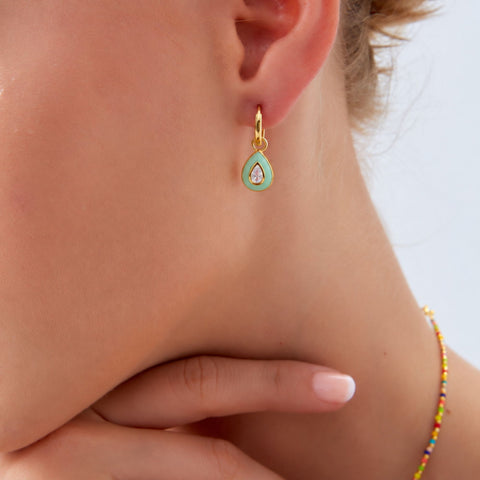 Enamelled Jewelled Sterling Silver Drop Hoop Earrings