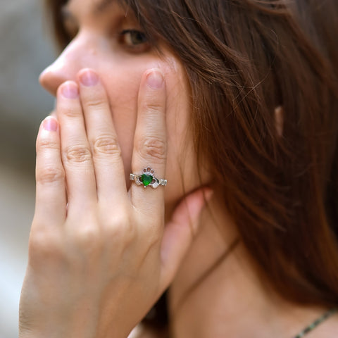 Sterling Silver Green Claddagh Ring