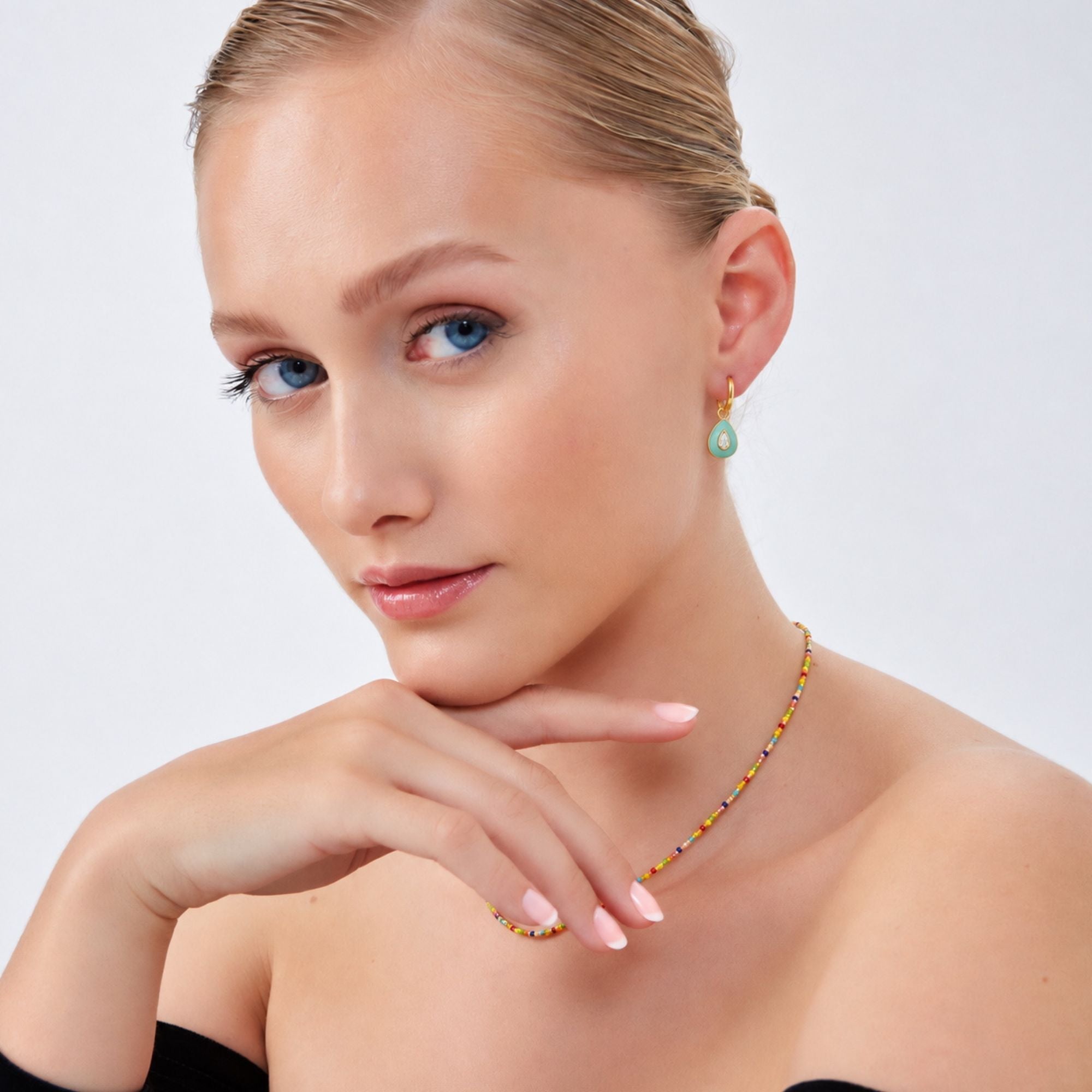 Enamelled Jewelled Sterling Silver Drop Hoop Earrings