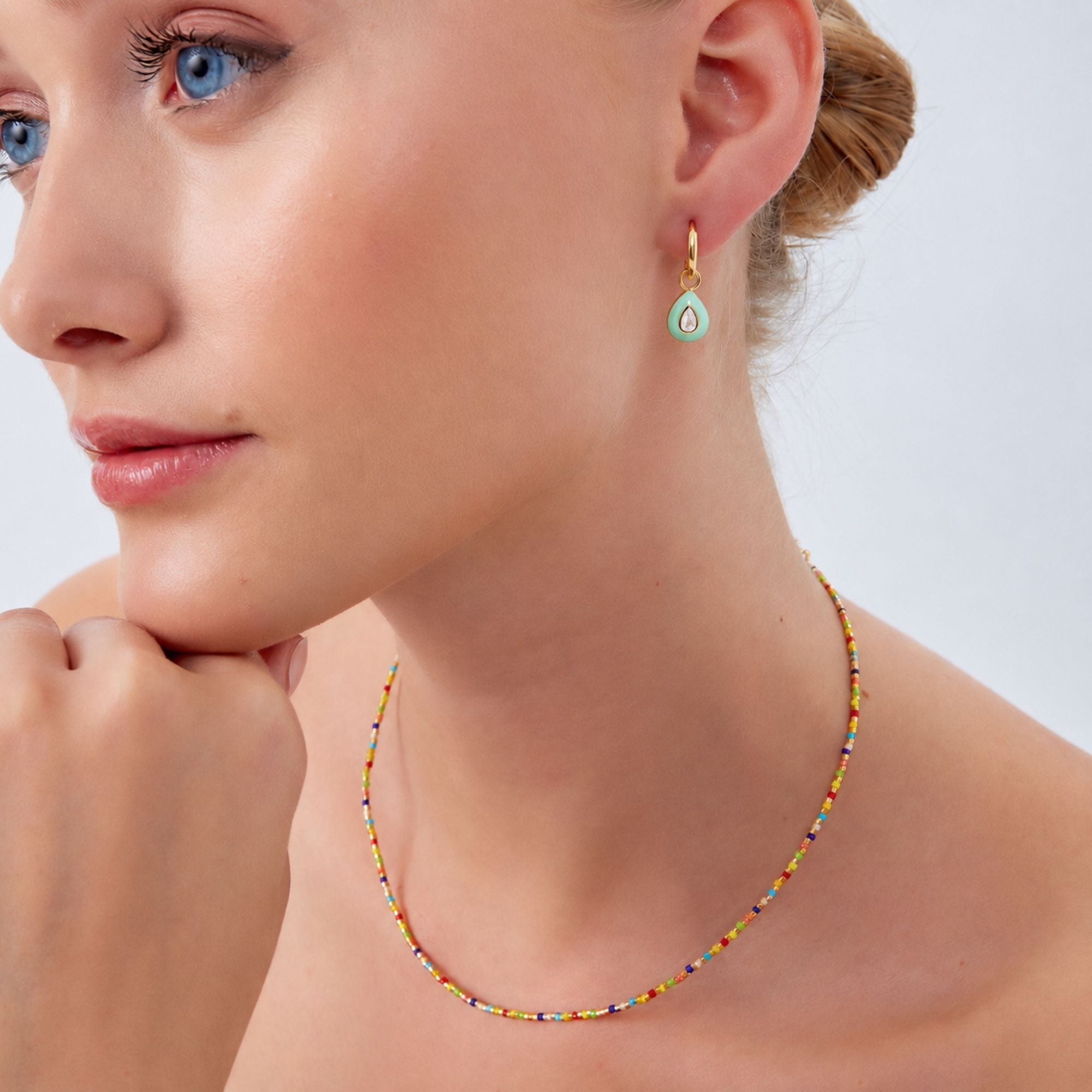 Enamelled Jewelled Sterling Silver Drop Hoop Earrings