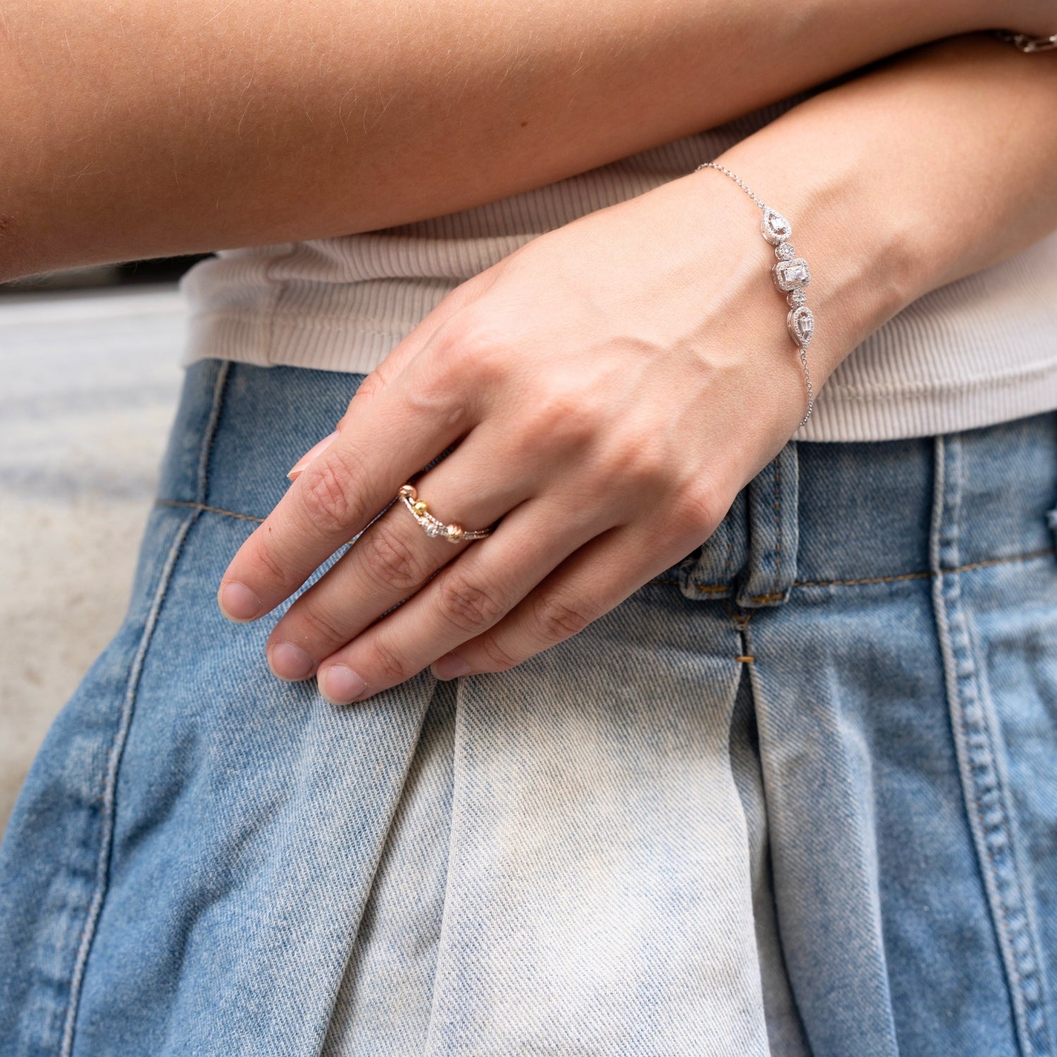 Elegant Sterling Silver Bracelet with Emerald-Cut & Teardrop Gemstones