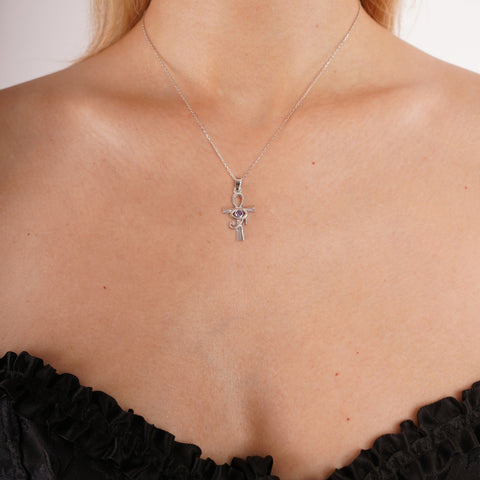 Sterling Silver Egyptian Ankh and Purple Eye Necklace