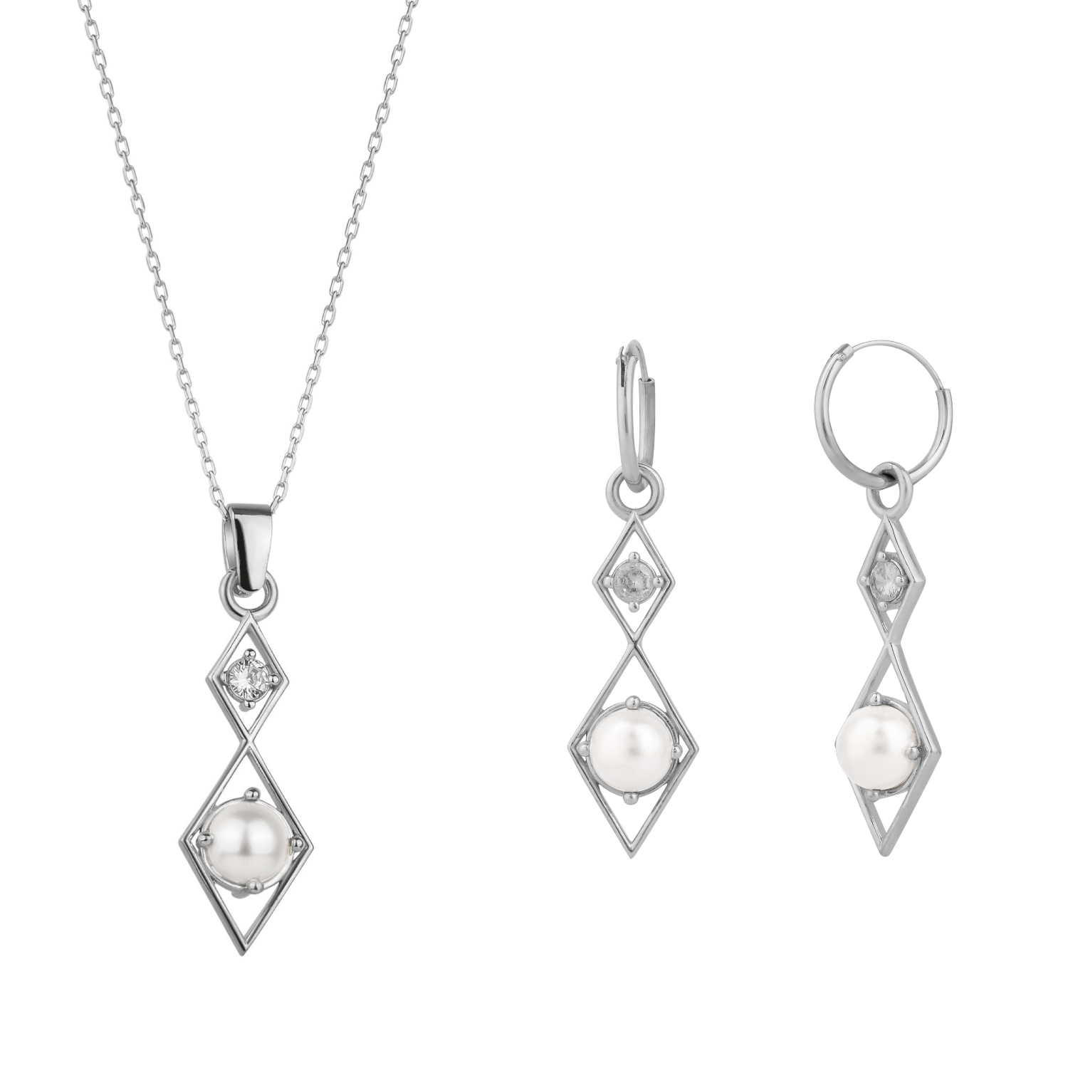 Sterling Silver Rhombus 3D Pearl Necklace and Earring Set