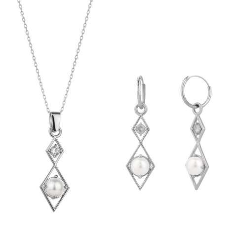 Sterling Silver Rhombus 3D Pearl Necklace and Earring Set