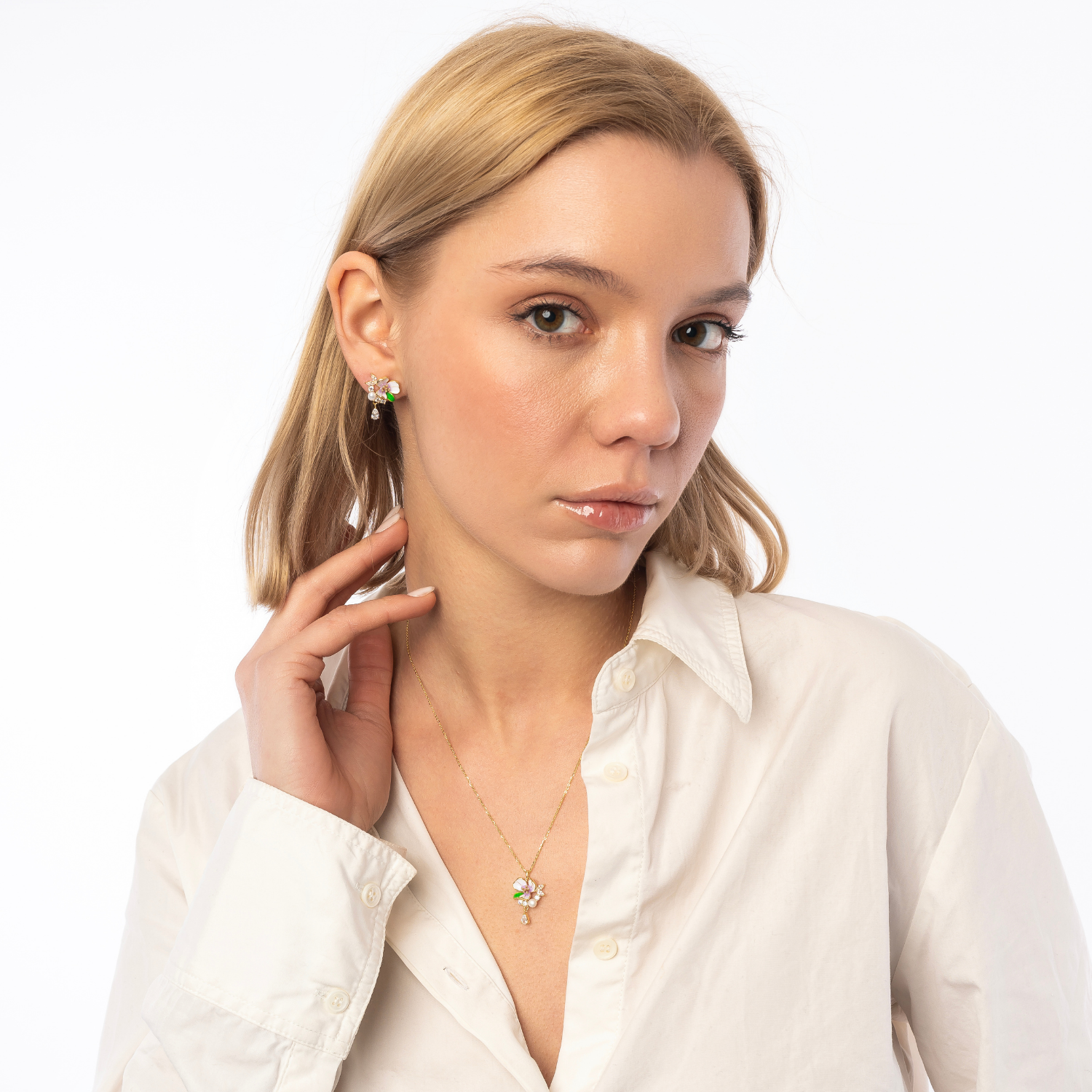 Pansy Violet Floral Necklace and Earring Set in Sterling Silver
