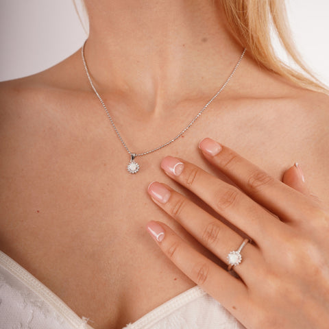 White Opal Halo Sun Sterling Silver Pendant Necklace