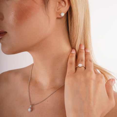 White Opal Halo Sun Sterling Silver Pendant Necklace