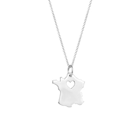 Love France Map Heart Necklace Sterling Silver
