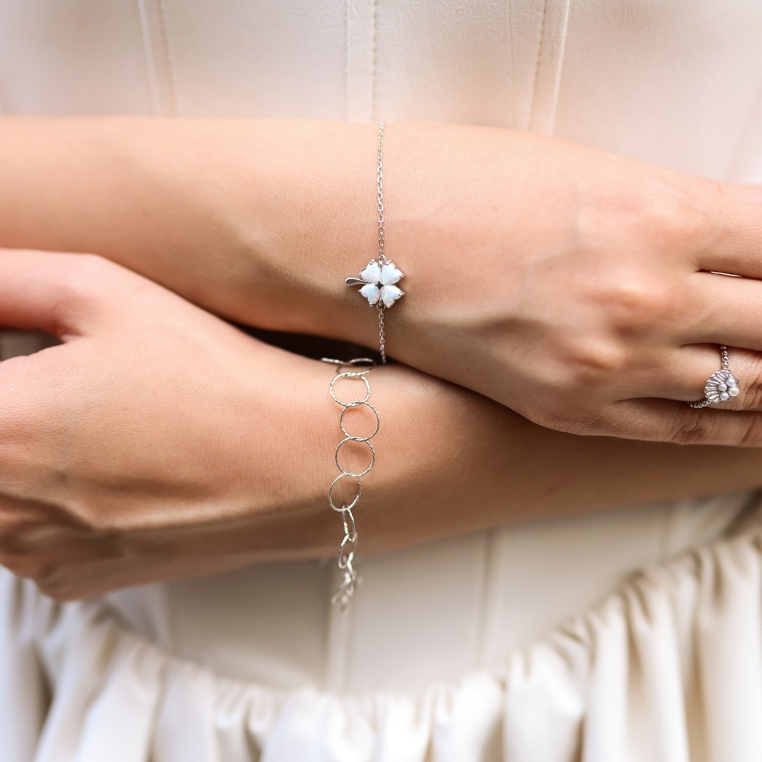 Textured Circle Hoops Sterling Silver Chain Bracelet