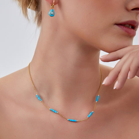 Turquoise Beaded Sterling Silver Chain Necklace in Gold