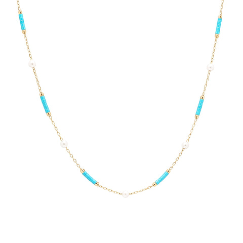 Turquoise Beaded & Pearl Sterling Silver Necklace