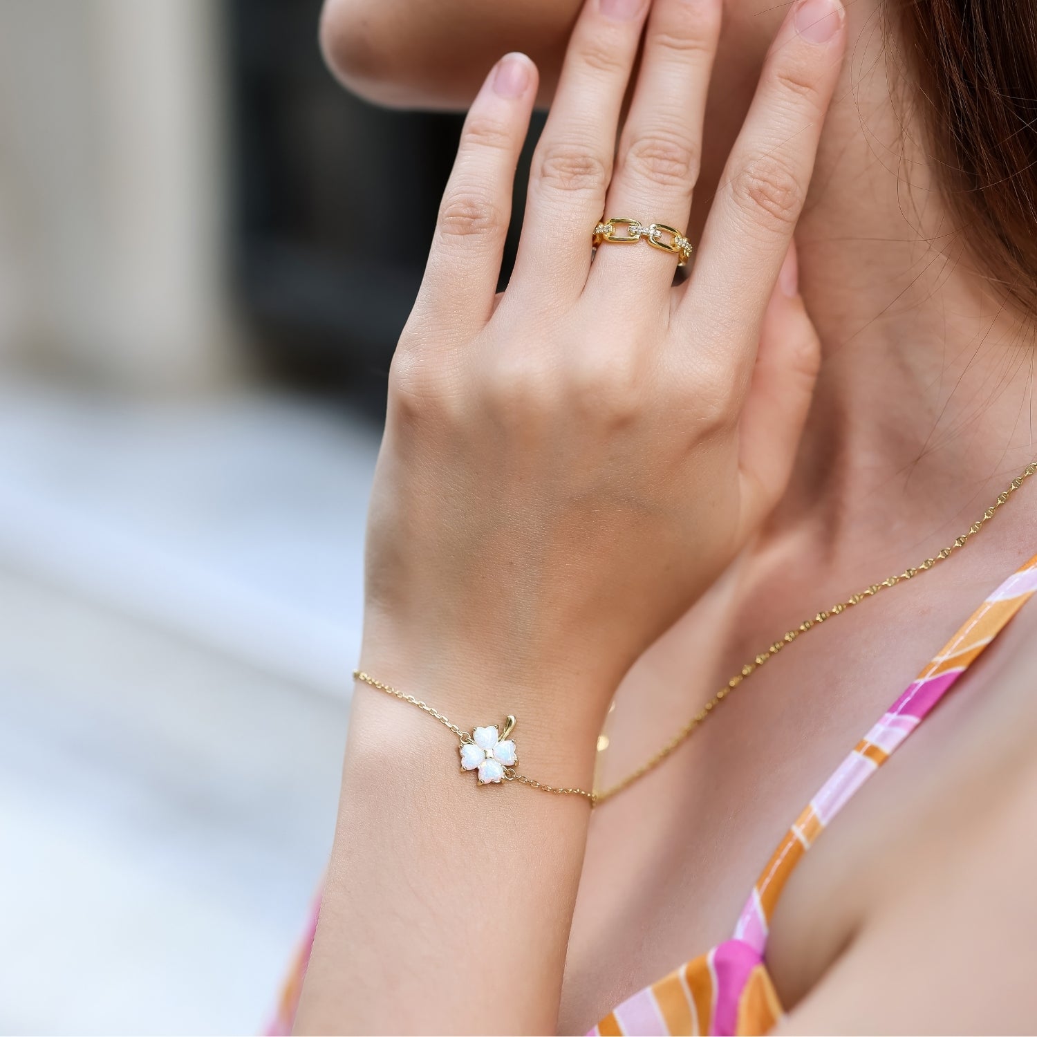 White Opal Clover Sterling Silver Bracelet