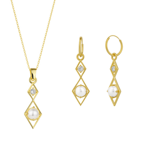Sterling Silver Rhombus 3D Pearl Necklace and Earring Set