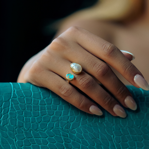 Double Natural Gemstone Adjustable Sterling Silver Turquoise Ring