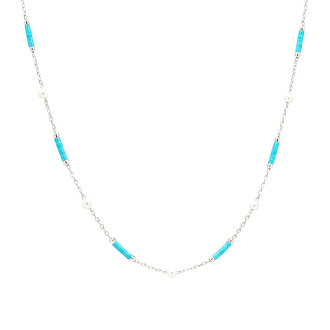Turquoise Beaded & Pearl Sterling Silver Necklace