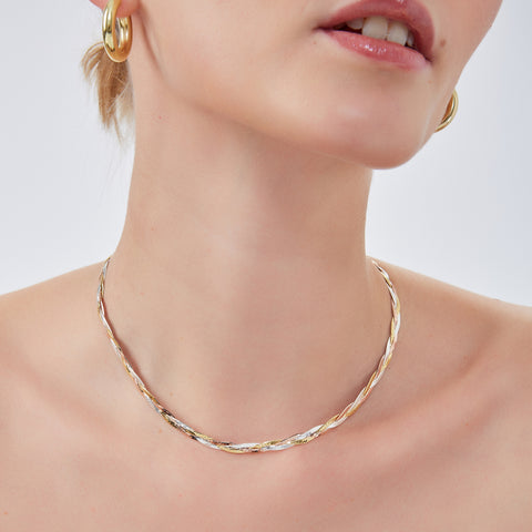 Gold Rose Gold and Silver Spiral Sterling Silver Flat Necklace