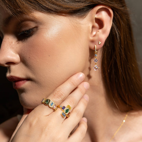 Sterling Silver Multicolor Pave Baguette Ring