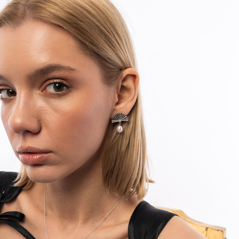 Fine Diamond Sterling Silver Pearl Drop Fan Earrings