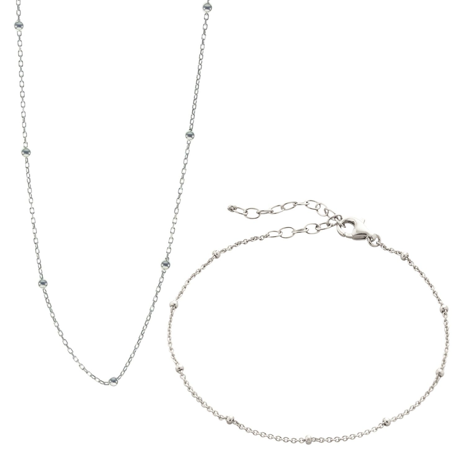 Bead Chain Sterling Silver Satellite Necklace and Bracelet Set