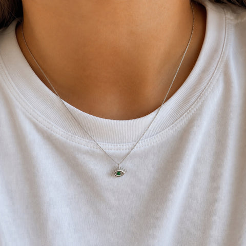 Emerald Eye Evil Eye Sterling Silver Necklace and Stud Earring Set