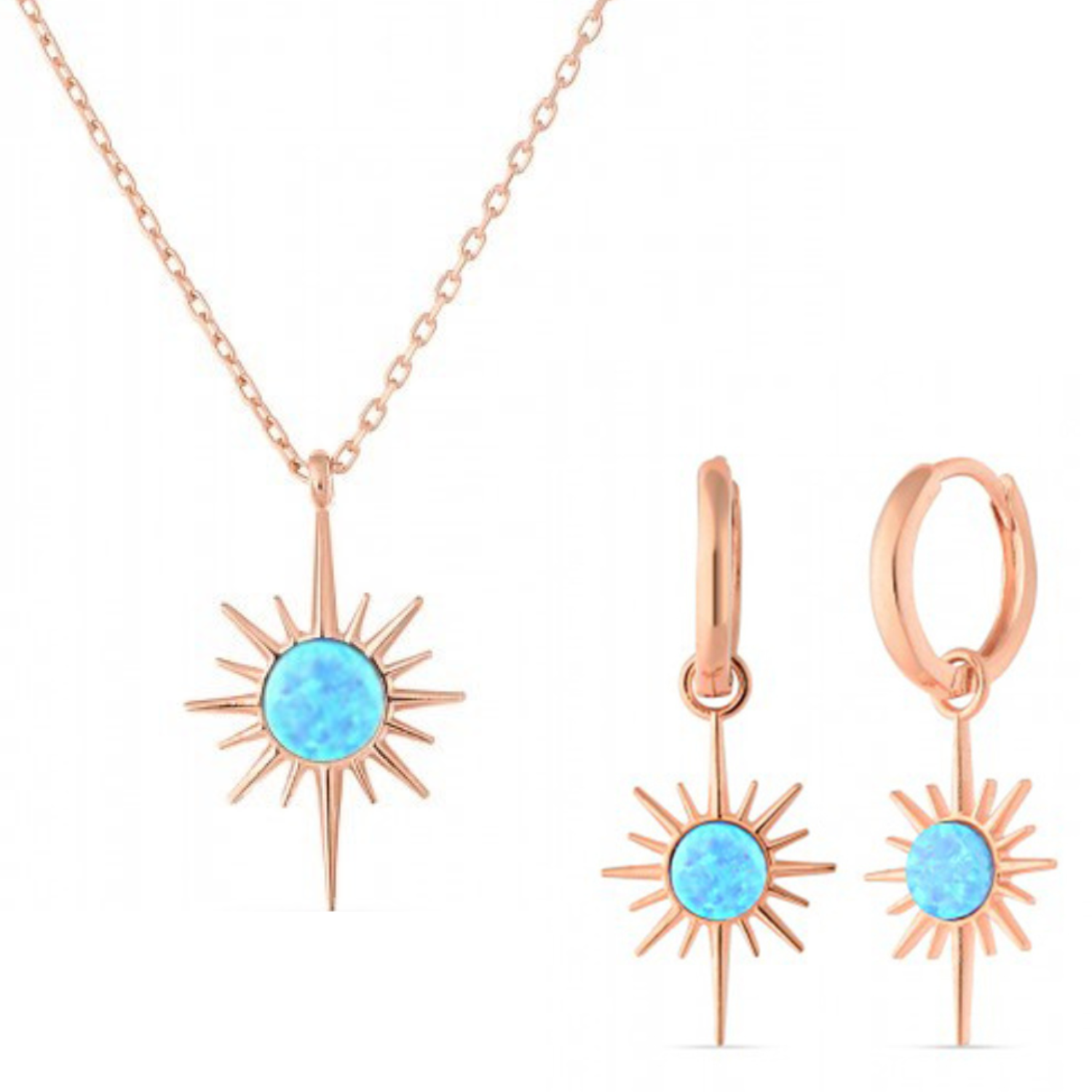Blue Opal Northernstar Drop Hoop Earrings & Necklace Set in Sterling Silver