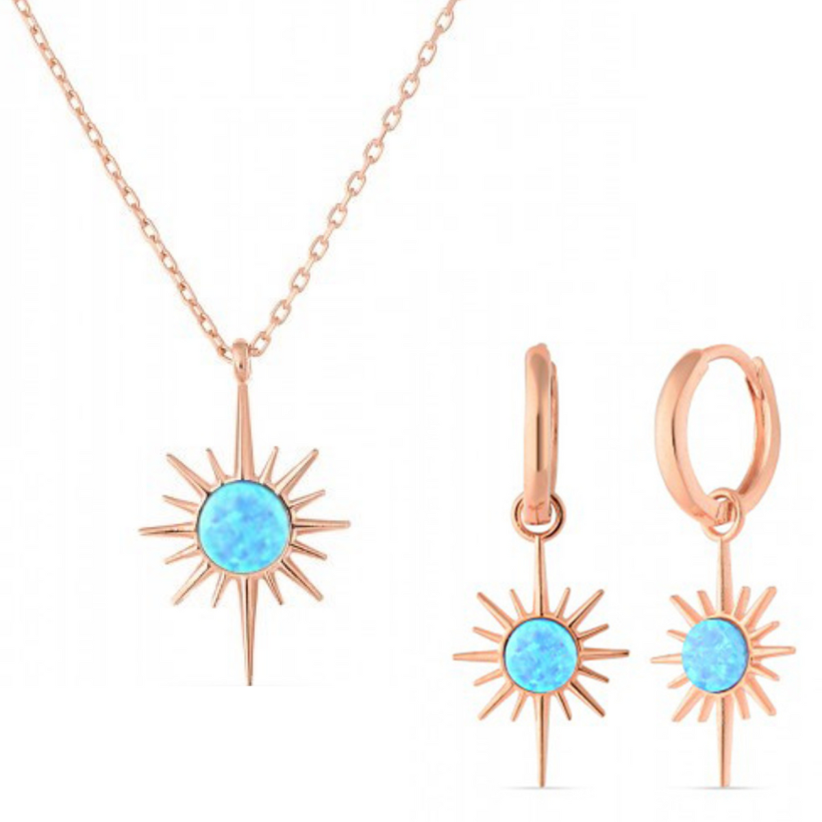 Blue Opal Northernstar Drop Hoop Earrings & Necklace Set in Sterling Silver