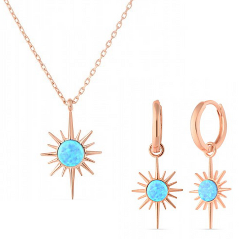 Blue Opal Northernstar Drop Hoop Earrings & Necklace Set in Sterling Silver