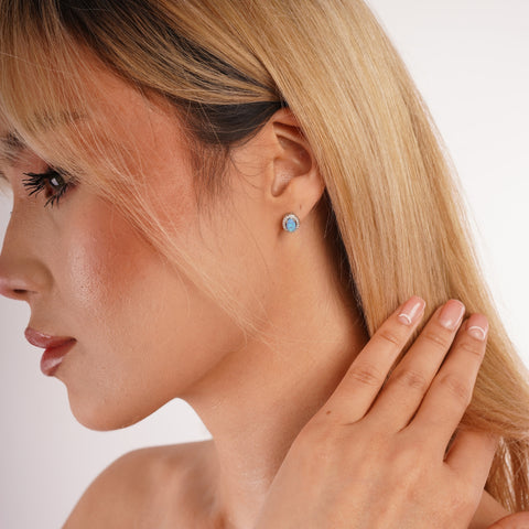 Sterling Silver Oval Blue Opal Halo Stud Earrings