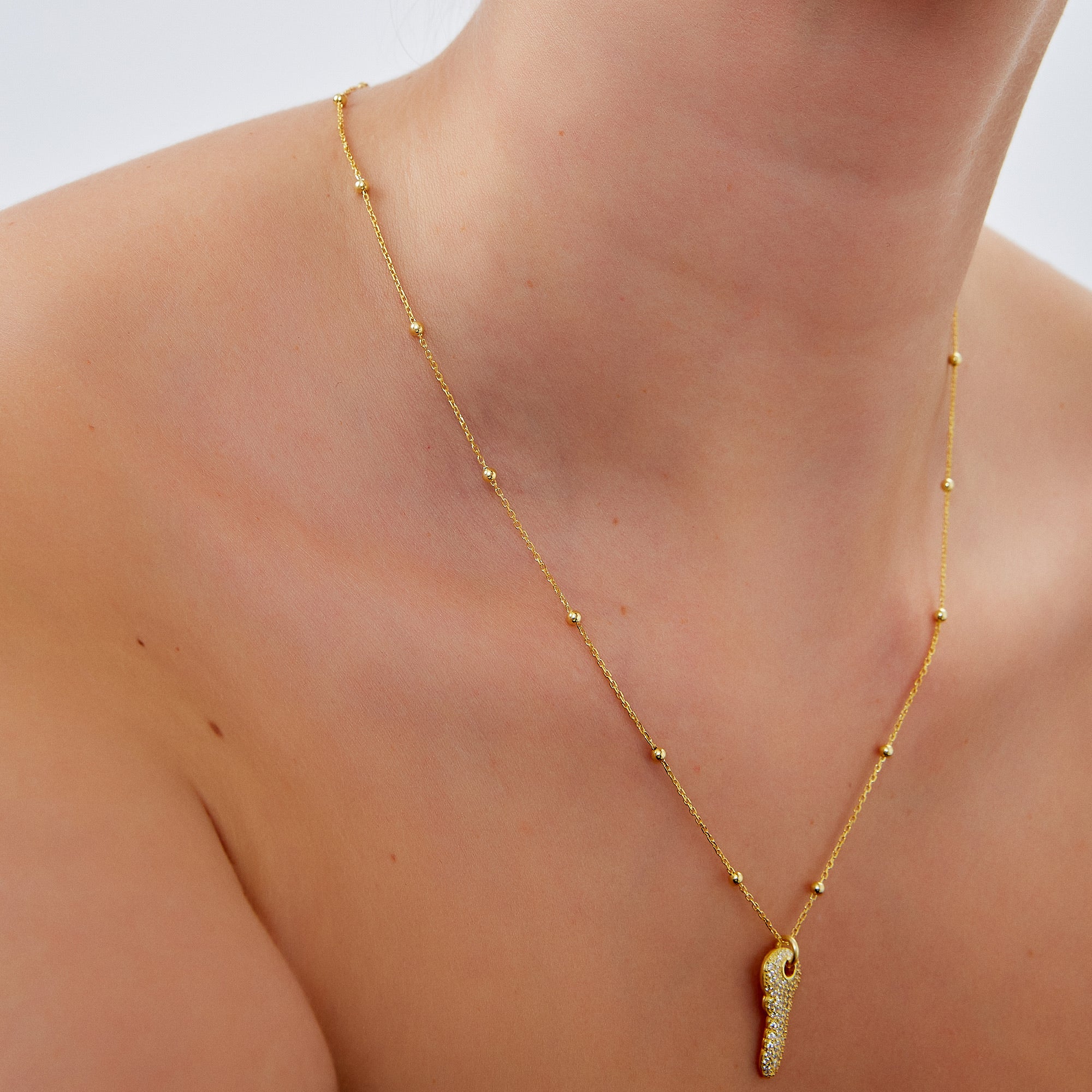Key Pendant Necklace With Beaded Chain Sterling Silver