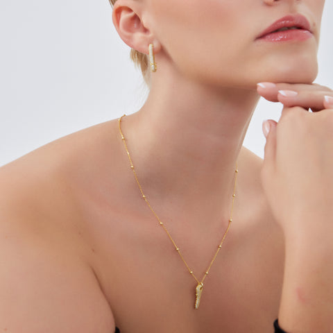 Key Pendant Necklace With Beaded Chain Sterling Silver
